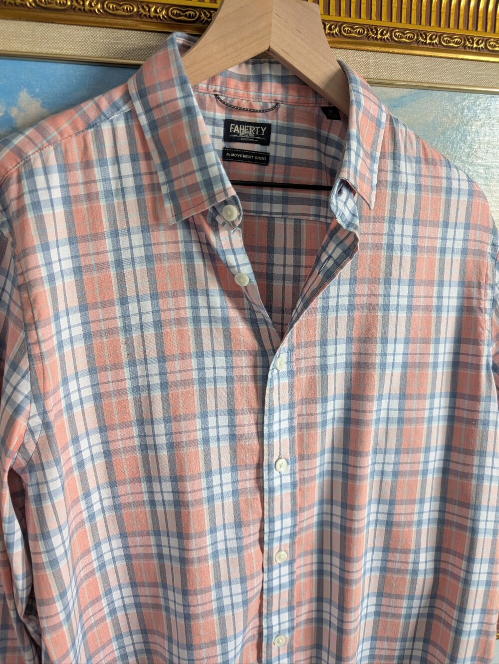 Faherty Coral and Light Blue Plaid Button-Down Shirt